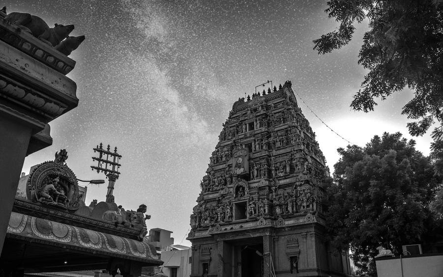 A South Indian temple gopuram at dusk